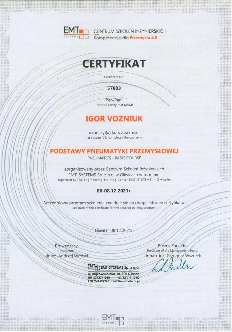 Certyfikat Pneumatyka