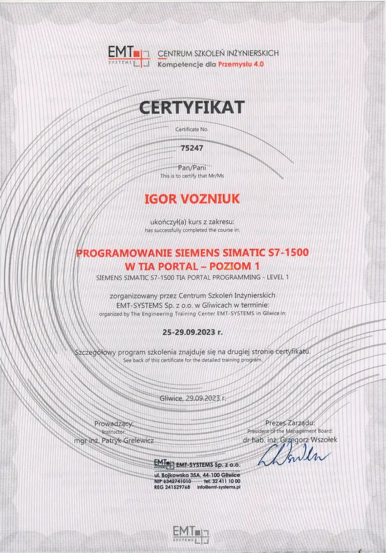 Certyfikat TIA Portal