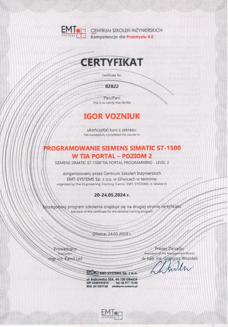 Certyfikat TIA Portal (Poziom 2)