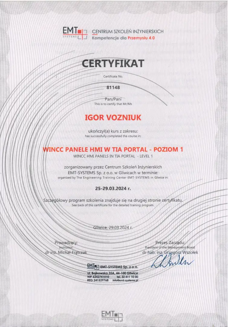 Certyfikat WinCC
