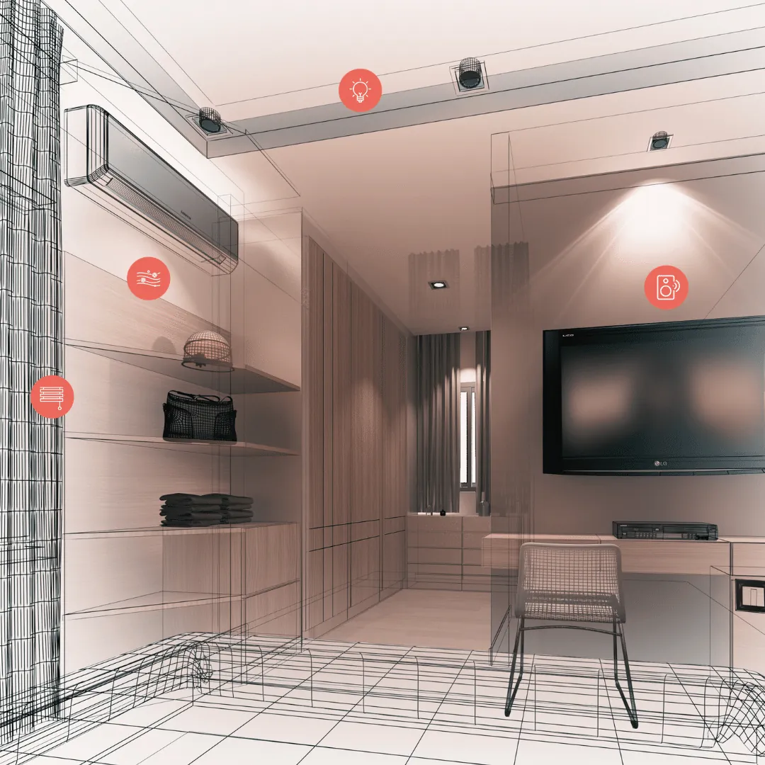 Wizualizacja pokoju z zaznaczonymi punktami instalacji smart home: oświetlenie, rolety, klimatyzacja, nagłośnienie